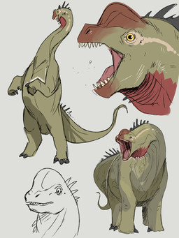 ambiguous_gender bodily_fluids feral glistening glistening_eyes green_body green_tail grey_background head_spikes open_mouth quadruped red_body red_tongue saliva saliva_string sharp_teeth simple_background solo spiked_tail spikes spikes_(anatomy) tail teeth tongue unsigned swampjaws dinosaur prehistoric_species reptile saurischian sauropod sauropodomorph scalie 3:4 absurd_res colored_sketch hi_res sketch