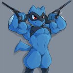 1:1 2020 absurd_res anthro biceps blue_body blue_fur canid canine digital_media_(artwork) exercise flexing flexing_bicep flexing_both_biceps front_view fur generation_4_pokemon grey_background hi_res male mammal muscular muscular_anthro muscular_male nintendo pecs pokemon pokemon_(species) red_eyes riolu simple_background smile solo standing teeth waddledox