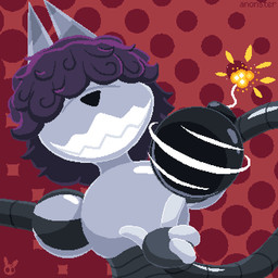 action_pose anthro black_nose bomb curly_hair evil_grin explosives extended_arm female fuse grey_body grin hair halftone_background hidden_eyes lit_fuse long_arms machine metallic_body pattern_background pointy_ears pose purple_hair red_background sharp_teeth simple_background smile solo spinning_ball teeth toothy_grin anonster humanoid robot robot_humanoid 1:1 digital_media_(artwork) halftone hi_res pixel_(artwork) watermark