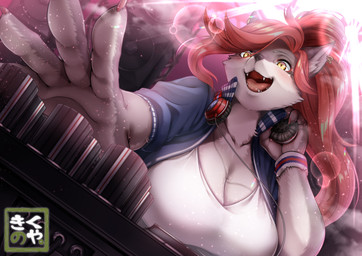 amber_eyes anthro big_breasts breasts brown_body brown_fur claws cleavage clothed clothing disc_jockey ear_piercing electronics fangs female female_anthro fluffy fur hair headphones inner_ear_fluff jacket long_hair multicolored_body multicolored_fur open_mouth piercing red_hair shirt smile solo tan_body tan_fur teeth text tongue topwear tuft two_tone_body two_tone_fur kikunoya canid canine mammal 2018 digital_media_(artwork) hi_res signature
