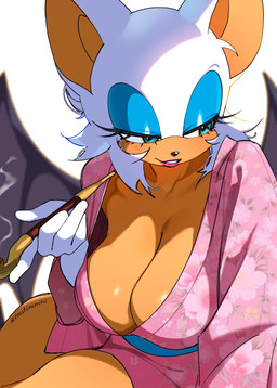 5_fingers anthro bat_wings bathrobe bedroom_eyes big_breasts big_ears black_nose blue_eyes blue_eyeshadow breasts cleavage clothed clothing deep_cleavage eyelashes eyeshadow female fingers floral_print gloves hair handwear holding_pipe kiseru lipstick looking_at_viewer makeup membrane_(anatomy) membranous_wings narrowed_eyes pink_clothing pink_lipstick pink_robe robe seductive short_hair smile smoke smoking_pipe solo text twitter_handle white_hair wings fruitcrunchi sega sonic_the_hedgehog_(series) rouge_the_bat bat mammal 2026 absurd_res artist_name hi_res