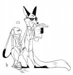 anthro black_and_white canid canine disney duo ellipsis eyewear female fox judy_hopps kisu-no-hi lagomorph leporid line_art male mammal monochrome nick_wilde rabbit red_fox simple_background sunglasses true_fox white_background zootopia