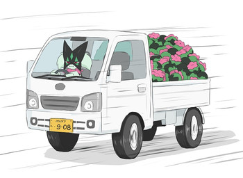 ambiguous_gender anthro driving flower_trick fur green_body green_fur green_hair hair red_eyes simple_background solo text truck vehicle ylit nintendo pokemon felid feline generation_9_pokemon mammal meowscarada pokemon_(species) 2025 japanese_text