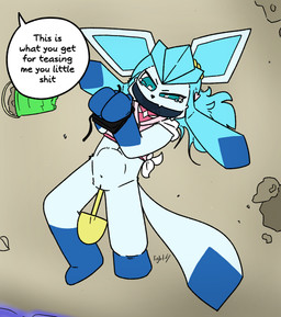 abdominal_bulge accessory anthro beach biped bird's-eye_view black_nose blue_body blue_eyes blue_fur blue_hair bodily_fluids bottomless bottomless_anthro bound bucket cloth_gag clothed clothing container crying dialogue female female_anthro fur gag gagged genitals gloves_(marking) hair hair_accessory hairclip hands_tied heart_symbol high-angle_view insult leg_markings long_hair lying markings navel object_in_pussy object_penetration offscreen_character on_back one_fang outside penetration profanity pupils questionable_consent saliva sand shovel socks_(marking) solo speech_bubble talking_to_another tears text tools vaginal vaginal_penetration vulva white_body white_fur white_pupils young young_anthro young_female lightningb0lt01 nintendo pokemon eeveelution generation_4_pokemon glaceon pokemon_(species) 2026 absurd_res digital_drawing_(artwork) digital_media_(artwork) english_text flat_colors hi_res signature