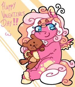ambiguous_feral ambiguous_gender blue_eyes brown_eyebrows eyebrows eyelashes featureless_crotch feral fur hair heart_eyebrows holding_object holding_plushie holidays hooves leg_markings looking_at_viewer markings mouth_closed multicolored_hair multicolored_tail multicolored_wings pink_body pink_fur plushie simple_background smile solo tail teddy_bear text wings yellow_hooves young young_ambiguous young_feral candyoverdozee fluffy_pony mythology valentine's_day equid equine fluffy_pony_(species) mammal mythological_creature mythological_equine pegasus 2026 digital_media_(artwork) english_description english_text flat_colors full-length_portrait portrait