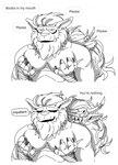 anthro chest_grab dialogue duo groping_chest groping_from_behind hand_on_chest hand_on_pecs horn humor male male/male mane pec_grab pecs text tusks one-starry-knight bandai_namco digimon digimon_(species) felid leomon lion mammal ogremon pantherine english_text hi_res monochrome