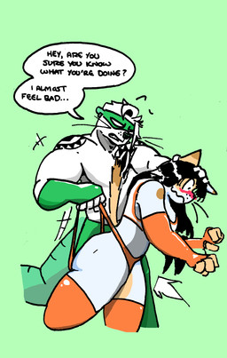 anthro big_butt big_tail black_hair blush boots butt clothing dialogue dominant duo ear_piercing ear_ring facial_piercing female fingerless_gloves footwear gloves hair handwear jobber legwear male manhandling mask muscular nose_piercing nose_ring piercing questionable_consent ring_piercing septum_piercing septum_ring shoes size_difference speech_bubble sports_mask sportswear submissive submissive_female tail tattoo teasing text thick_thighs thigh_boots thigh_highs thong underwear wedgie white_hair wrestler wrestling wrestling_mask wrestling_match wrestling_outfit goodjobrammy_(artist) diamondback_(goodjobrammy) pepper_(goodjobrammy) american_opossum calico_cat domestic_cat felid feline felis mammal marsupial english_text hi_res nonbinary_(lore)