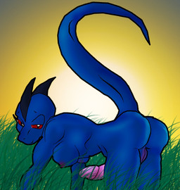 all_fours anthro areola blue_body blue_scales blue_skin breasts butt erection genitals gradient_background grass half-closed_eyes head_spikes herm intersex light looking_aside looking_at_viewer narrowed_eyes nipples non-mammal_breasts nude nude_anthro nude_herm nude_intersex outdoor_nudity outside penis pink_penis plant purple_areola purple_nipples purple_vulva red_eyes scales simple_background sky smile solo spikes spikes_(anatomy) sun sunlight tail vulva yellow_sky justathereptile june_(justathereptile) komodo_dragon lizard monitor_lizard reptile scalie 2009 hi_res