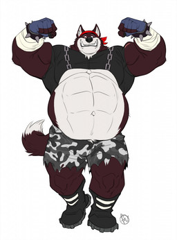 abs anthro arm_wrapping arm_wraps belly biceps big_belly black_boots black_clothing black_footwear black_shirt black_topwear blue_clothing blue_eyes blue_fingerless_gloves blue_gloves blue_handwear boots bottomwear bracelet brown_body brown_fur camo camo_bottomwear camo_clothing camo_print camo_shorts chain clothing combat_boots fangs fingerless_gloves fist flexing flexing_bicep flexing_both_biceps flexing_muscles flexing_pecs footwear fur gloves green_bottomwear green_clothing green_shorts grin grinning_at_viewer handwear jewelry kerchief male manly multicolored_body multicolored_fur musclegut muscular muscular_anthro muscular_male pattern_bottomwear pattern_clothing pattern_shorts pecs raised_fist raised_hand red_clothing red_kerchief shirt shoes shorts showing_off_muscles simple_background smile smiling_at_viewer solo spiked_bracelet spiked_wristband spikes standing tail teeth thick_arms thick_thighs topwear torn_clothing two_tone_body two_tone_fur white_background white_body white_fur wraps wrestler bobby_lontra canid canine canis mammal wolf hi_res