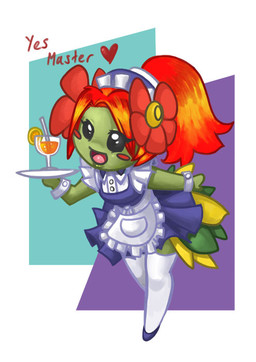 abstract_background bent_arm black_eyes blush clothing dialogue english_honorific extended_arm female flower green_body green_skin hair heart_after_text heart_symbol honorific legwear looking_at_viewer maid_uniform open_mouth plant pokemorph ponytail red_hair serving serving_beverage simple_background solo stockings straight_legs stylized_eyes text text_with_heart uniform bittenhard nintendo pokemon bellossom elemental_creature flora_fauna generation_2_pokemon humanoid pokemon_(species) english_text