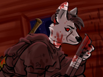 ambiguous_gender anthro backpack blood blood_on_face bodily_fluids female gun horn ranged_weapon red_eyes shotgun solo weapon lostwisdom arctic_fox canid canine fox mammal true_fox