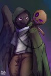 anthro bottomwear brown_body brown_bottomwear brown_clothing brown_feathers brown_pants cape clothed clothing feathered_wings feathers front_view glistening glistening_eyes green_cape green_clothing male mouth_closed narrowed_eyes pants pupils purple_eyes scarecrow simple_background slit_pupils solo standing wings kuttoyaki avian bird corvid corvus_(genus) crow oscine passerine absurd_res hi_res portrait three-quarter_portrait