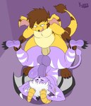 abdominal_bulge anal anal_penetration ankle_grab anthro autofellatio autofellatio_while_penetrated balls big_balls big_penis brown_body brown_fur brown_hair claws crossgender duo ear_piercing ear_ring finger_claws from_front_position fur genitals hair hands_behind_head horn horned_wings leg_grab long_penis looking_pleasured male male/male masturbating_while_penetrated masturbation mating_press membrane_(anatomy) membranous_wings motion_lines notched_ear oral oral_masturbation orange_eyes overweight overweight_male penetration penile penile_masturbation penis piercing purple_body purple_fur ring_piercing sex smile smirk spade_tail tail tail_tuft tan_body tan_fur toe_claws tongue tongue_out tuft white_body white_fur white_hair wings yellow_horn kiffy_(artist) slightly_damned buwaro_elexion rhea_snaketail jakkai absurd_res hi_res