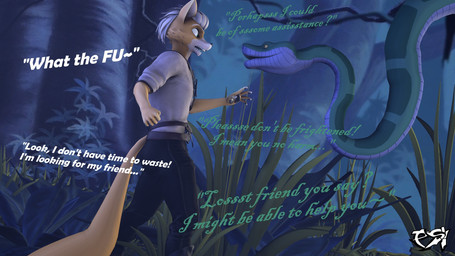 ambiguous_gender anthro clothed clothed_anthro clothed_male clothing dialogue duo feral forest fur green_body hair jungle male multicolored_body multicolored_fur plant tan_hair text tree two_tone_body two_tone_fur white_body white_fur yellow_body yellow_fur psikokinetic warfaremachine_(modeler) nintendo star_fox the_jungle_book fox_mccloud kaa_(jungle_book) canid canine fox mammal python reptile scalie snake 2023 3d_(artwork) digital_media_(artwork) english_text hi_res source_filmmaker_(artwork) male_(lore)