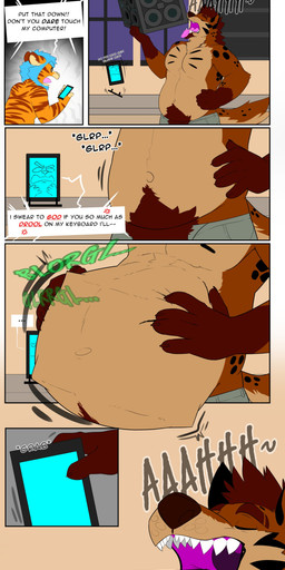 angry anthro anthro_pred belly big_belly brown_body brown_fur dialogue duo electronics eyes_closed facial_piercing fur hair hand_on_hip kitchen lip_piercing loudspeaker male male/male male_pred multicolored_body multicolored_fur navel object_in_stomach object_ingestion object_vore open_mouth oral_vore phone piercing speaker swallowing text vore yelling wildside sky_(skythesaber) wild_(wildside) felid hyena mammal prehistoric_species saber-toothed_tiger 2021 absurd_res comic english_text hi_res
