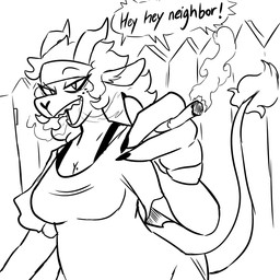 5_fingers accessory anthro bra breasts cartoon_freckles cigarette cigarette_smoke cleavage clothed clothing dialogue eyebrow_through_headband eyebrows female fence fingers freckled_face freckles hair headband holding_cigarette holding_object horn lit_cigarette long_hair looking_at_viewer markings messy_hair mole_(marking) mole_on_breast nails open_mouth outside picket_fence raised_eyebrow sharp_teeth shirt smoke solo speech_bubble t-shirt tail talking_to_viewer teeth text topwear underwear nerdyreindeer demon scalie 1:1 2026 monochrome