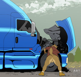 anthro backsack balls bent_over big_butt bottomless bottomless_anthro bottomless_male butt clothed clothing cloud day detailed_background dirt flower footwear genitals grass heavy_truck male outside plant presenting presenting_hindquarters rear_view repair road shirt shoes sky socks solo standing text thick_thighs topwear tree truck uneven_balls vehicle artdecade canid canine canis mammal 2026 url
