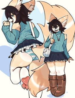 anthro bare_shoulders barefoot big_butt big_ears black_hair blue_eyes blush blush_lines boots bottomwear butt claws clothed clothing clothing_lift fangs feet femboy fingers fluffy fluffy_tail footwear frilly fur hair happy heart_symbol hindpaw jewelry legwear looking_at_viewer looking_back male necklace one_eye_closed open_mouth panties pattern_clothing pattern_underwear pawpads paws raised_bottomwear raised_clothing raised_skirt raised_tail shoes simple_background skirt skirt_lift smile solo striped_clothing striped_underwear stripes sweater tail teeth thick_thighs thigh_boots thigh_highs toe_claws toes tongue topwear turtleneck underwear wink winking_at_viewer hachikxma cali_(nastycalamari) canid canine fennec_fox fox mammal true_fox digital_media_(artwork) hi_res
