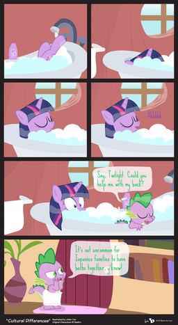 bath female feral fur hair horn humor male multicolored_hair purple_body purple_fur purple_hair tail text towel two_tone_hair water dm29 friendship_is_magic hasbro my_little_pony mythology spike_(mlp) twilight_sparkle_(mlp) dragon equid equine mammal mythological_creature mythological_equine mythological_scalie scalie unicorn 2014 comic english_text hi_res
