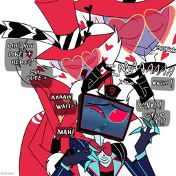 4_arms 4_fingers bald black_clothing black_hat black_headwear blue_blush blue_body blue_clothing blue_teeth blush bow_tie clothed clothing duo electronics eyebrows eyes_closed eyewear fingers for_a_head fur_trim_(clothing) glasses hat headgear headwear heart_clothing heart_glasses heart_pupils heart_symbol male male/male multi_arm multi_limb open_mouth purple_body radio_antenna raised_inner_eyebrows red_bow_tie red_clothing red_eyes red_hat red_headwear screen screen_face sound_effects teeth television text yellow_teeth kuruko hazbin_hotel hellaverse valentino_(hazbin_hotel) vox_(hazbin_hotel) animal_humanoid arthropod arthropod_humanoid humanoid insect insect_humanoid lepidopteran lepidopteran_humanoid moth moth_humanoid object_head screen_head tv_head 1:1 artist_name english_description english_text hi_res
