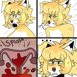 4_panel_comic anthro bangs black_eyes black_mouth blonde_hair blood bodily_fluids brown_eyebrows brown_nose close-up ellipsis eyebrow_through_hair eyebrows eyes_closed fallopian_tubes fangs female floppy_ears freckled_face freckles fur genital_fluids hair heart_(marking) inner_ear_fluff internal internal_vaginal markings medium_hair menstruation multicolored_body multicolored_fur multicolored_hair onomatopoeia open_mouth orange_hair ovaries ponytail sneeze solo sound_effects teeth text translucent translucent_hair tuft two_tone_body two_tone_fur two_tone_hair uterus uterus_view vaginal_canal white_body white_fur white_inner_ear_fluff worried_look yellow_body yellow_fur wolflly10 daisy_(wolflly10) canid canine canis mammal red_wolf wolf 1:1 2024 colored comic digital_media_(artwork) english_description english_text hi_res shaded