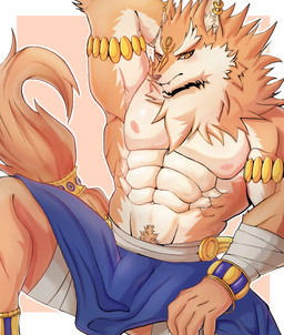 abs accessory ankle_bangle anklet anthro arm_wraps armlet bangle big_muscles blue_bottomwear blue_clothing blue_skirt blush border bottomwear bulge clothed clothing countershade_fur countershade_torso countershading ear_piercing ear_ring facial_markings fluffy forehead_markings fur furgonomics gold_(metal) gold_anklet gold_armlet gold_jewelry golden_markings hand_behind_head hand_on_leg hand_on_thigh head_markings jewelry leg_wraps looking_aside male markings metallic_markings muscular muscular_anthro muscular_male nipples obliques outline pecs piercing pink_background pink_nipples pose presenting presenting_armpit pube_peek pubes raised_arm ring_piercing ruff simple_background sitting skirt solo spread_legs spreading tail tail_accessory tail_bangle tail_jewelry tan_body tan_fur topless white_body white_border white_fur white_outline wraps wrist_wraps yellow_eyes redd_fur egyptian_mythology middle_eastern_mythology mythology puzzle_and_dragons set_(deity) set_(puzzle_and_dragons) canid canine deity mammal set_(species) 2021 colored digital_drawing_(artwork) digital_media_(artwork) hi_res pinup shaded