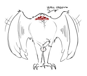 anthro balls blush bodily_fluids body_hair chest_hair claws embarrassed erection flashing flustered foreskin genital_fluids genitals heart_eyes heart_symbol humanoid_genitalia humanoid_penis long_foreskin male onomatopoeia penis precum solo sound_effects spread_wings text wings newmoonnsfw mothman arthropod cryptid insect lepidopteran moth