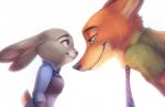 anthro canid canine clothed clothing disney duo ears_back female fox fur green_eyes grey_body grey_fur judy_hopps kastraz lagomorph leporid male mammal multicolored_body multicolored_fur necktie nick_wilde orange_body orange_fur pivoted_ears police police_uniform purple_eyes rabbit red_fox scut_tail short_tail simple_background smile tail true_fox two_tone_body two_tone_fur unavailable_at_source uniform zootopia