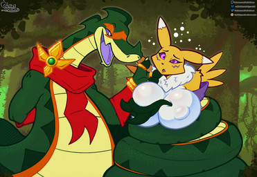 anthro apode big_breasts breasts coiling duo female forest fur green_body green_scales huge_breasts hypnosis legless male male/female markings mind_control multicolored_body multicolored_fur neck_tuft orange_markings plant purple_eyes red_scarf restrained ringed_eyes scales scarf serpentine tail tree tuft two_tone_body two_tone_fur white_body white_fur yellow_body yellow_fur outletdraws bandai_namco digimon vexx_(vexxblack) digimon_(species) draconcopode naga renamon reptile scalie snake 2026 hi_res