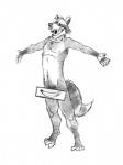 anthro arched_back food_censorship front_view male navel nipples nude open_mouth pecs simple_background slim smile solo spread_arms standing tail white_background k-9 mammal procyonid raccoon censored greyscale hi_res monochrome sketch