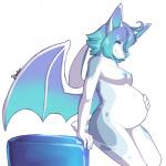 1:1 2017 abby_(meww0lf) anthro bat belly big_belly blue_body blue_eyes blue_fur blue_hair blue_lips blue_nose breasts female fur hair hand_on_belly hi_res lips mammal nipples nude pregnant pregnant_anthro pregnant_female reina. side_boob side_view simple_background smile solo white_background white_body white_fur wings