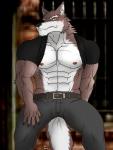2013 abs anthro athletic belt biceps big_muscles biped black_nose blurred_background blush bottomwear bouncer brown_body brown_fur canid canine canis claws clothed clothing clothing_lift front_view fur hentist hideo_katashi looking_at_viewer male mammal muscular muscular_anthro muscular_male nipples pants partially_clothed pecs pose raised_clothing raised_shirt raised_topwear security shirt solo standing topwear vein white_body white_fur wolf yellow_eyes