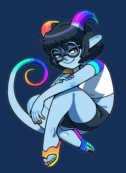 2_horns blue_body blue_skin bottomwear clothing crop_top eyewear feet female fingernails flip_flops footwear glasses heterochromia horn nails navel not_furry sandals shirt shoes shorts smile solo tail topwear discount-supervillain demon demon_humanoid horned_humanoid humanoid tailed_humanoid alpha_channel