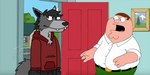 blue_wall canid canine clothing duo earthwormgd earthy family_guy fox grey_hair hair happy holy_crap_lois_it's_x! hoodie human male mammal open_door peter_griffin red_clothing red_hoodie red_topwear surprise topwear