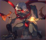 accessory anthro asian_clothing athletic athletic_anthro athletic_male black_body black_fur black_nose bulge claws clothing east_asian_clothing facial_scar finger_claws fluffy fluffy_tail fundoshi fur headband japanese_clothing katana kemono male melee_weapon ninja nipples pointy_ears red_clothing red_fundoshi red_underwear scar solo sword tail underwear warrior weapon dr.whiger lifewonders tokyo_afterschool_summoners tadatomo_(tas) canid canine canis domestic_dog mammal