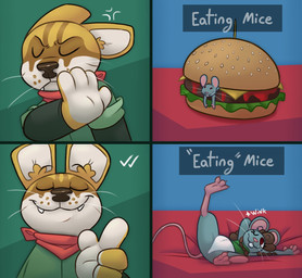 anthro burger duo female food fur inside male red_eyes text yellow_body yellow_fur denaturedalbumin domestic_cat felid feline felis mammal mouse murid murine rodent 2024 english_text hi_res meme