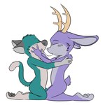 anthro antlers biped blush bodily_fluids countershade_fur countershading dipstick_tail duo ears_back eyes_closed fur green_body green_fur grey_body grey_fur horn hug interspecies kneeling male male/male markings nude pivoted_ears purple_body purple_fur romantic romantic_couple saliva saliva_string side_view simple_background tail tail_markings white_background shenanigans bedfellows fatigue_(bedfellows) sheen_(bedfellows) canid canine canis domestic_cat domestic_dog felid feline felis hybrid jackalope lagomorph mammal 1:1 2011