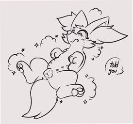 animal_genitalia animal_vulva canine_genitalia canine_vulva dialogue female feral gender_transformation genitals heart_eyes heart_symbol lying multi_nipple nipples on_back poof_transformation solo speech_bubble spread_legs spreading surprised_face transformation nulloffset nintendo pokemon fennekin generation_6_pokemon pokemon_(species) 2025 hi_res monochrome sketch