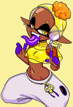 5_fingers bottomwear breasts clothed clothed_female clothed_humanoid clothing female female_humanoid fingers humanoid_pointy_ears kneeling long_tongue navel open_mouth open_smile pants pointy_ears pseudo_hair purple_tongue simple_background small_breasts small_waist smile solo sweatpants teeth tentacle_hair tentacles tongue topwear white_sclera yellow_background yellow_clothing yellow_eyes yellow_topwear dumbwitchyy nintendo splatoon frye_(splatoon) aquatic cephalopod humanoid inkling mollusk 2026 digital_drawing_(artwork) digital_media_(artwork) hi_res portrait