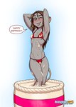 2024 anthro bikini biped blush breasts brown_hair cake clothed clothing dessert english_text eyebrows female food fruit hair keiron_white looking_at_viewer mammal mouse murid murine one_eye_closed plant raised_arm red_bikini red_clothing red_swimwear rodent sam_rodoric small_breasts smile smiling_at_viewer solo speech_bubble strawberry swimwear tail talking_to_viewer text