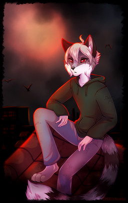 anthro biped bottomwear claws clothed clothed_anthro clothed_male clothing feet fingers front_view fully_clothed fully_clothed_anthro fully_clothed_male fur hair male sitting solo tail toes topwear rukifox canid canine mammal 2026 digital_drawing_(artwork) digital_media_(artwork) hi_res