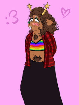 :3 anthro antlers blush body_hair bottomwear bra brown_hair buckteeth chest_tuft clothed clothing crotch_tuft curly_hair female flannel_shirt hair hands_behind_back happy_trail heart_symbol horn multicolored_clothing pink_background pubes rainbow_clothing simple_background skirt solo teeth tuft underwear playdoe playdoe_(character) deer mammal new_world_deer reindeer 3:4