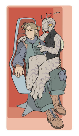 antennae_(anatomy) anthro brown_body brown_hair chair claws clothed clothing disgust disgusted_face duo frown furniture hair holding_butt insect_wings jacket light_body light_skin looking_at_viewer male male/male mandibles nails ponytail scar side_eye simple_background sitting sitting_on_another stripes sweater topwear turtleneck turtleneck_leotard wings yellow_sclera zipper xenopera arthropod human insect mammal 2025 digital_media_(artwork) hi_res