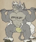 2_horns abs ankle_tuft anthro barbell_squats behind_another biceps big_pecs body_writing bulge claws clenched_teeth clothed clothing crouching deltoids duo exercise facial_piercing facial_spikes fur grey_body grey_fur grin hair hand_on_abs hand_on_side holding_bar holding_object hooved_plantigrade hooved_toes hooves horn ink jockstrap jockstrap_only leg_tuft looking_at_another looking_back male male/male musclegut muscular muscular_anthro muscular_male muscular_thighs navel nipple_piercing nipple_ring nipples nose_piercing nose_ring paint_on_body pawpads pecs piercing plantigrade ring_piercing septum_piercing septum_ring simple_background smile spikes spikes_(anatomy) standing_behind tan_background tan_hair teeth text toe_claws topless tuft underwear underwear_only weightlifting white_body white_fur workout nightterror duke_(nightterror) zato bovid bovine canid canine canis cattle mammal wolf 2017 english_text