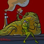 barefoot duo feet female green_body green_skin lekku_grab red_background simple_background sitting smoking sublimate return_of_the_jedi star_wars jabba_the_hutt oola alien humanoid hutt twi'lek 1:1