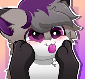 anthro blep blush derp_eyes hand_on_face male smile solo tongue tongue_out kittyrosie remy_pawz canid canine canis domestic_dog herding_dog mammal pastoral_dog spitz swedish_vallhund welsh_corgi hi_res