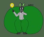 anthro big_butt black_eyebrows black_eyewear black_glasses blue_eyes bottomwear bulge butt clothing eyebrows eyewear front_view glasses green_background green_bottomwear green_clothing green_inner_ear green_leggings green_legwear green_nose green_pants grey_body grey_clothing grey_ears grey_hoodie grey_topwear hoodie huge_butt hyper hyper_butt leggings legwear male pants power_balloon question_mark simple_background solo thick_thighs tight_clothing topwear white_sclera foxynick24 mario_bros nintendo reathe_(character) lagomorph leporid mammal rabbit 2024 absurd_res artist_name colored digital_media_(artwork) flat_colors hi_res