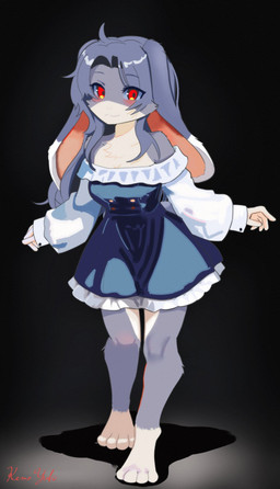 anthro blue_clothing blue_dress breasts closed_smile clothed clothing countershading dipstick_ears dress ear_markings female floppy_ears front_view fully_clothed fur grey_body grey_fur grey_hair hair leg_markings long_ears looking_at_viewer markings mouth_closed multicolored_ears red_eyes simple_background smile socks_(marking) solo standing strapless_clothing strapless_dress kemo_yuki lagomorph leporid mammal rabbit full-length_portrait hi_res portrait