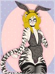 anthro blonde_hair breasts bulge bunny_costume clothing costume eyewear genitals glasses gynomorph hair intersex legwear nipples penis slightly_chubby solo stripes thigh_highs translucent translucent_clothing madeena8521 nyla_(whitekitteh) hi_res trans_(lore) trans_woman_(lore)