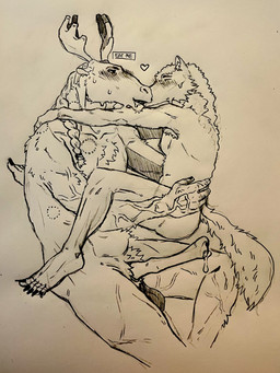 ambiguous_gender animal_genitalia animal_penis anthro antlers balls bite_mark breasts bruised cervine_genitalia cervine_penis chest_tuft duo feet genitals gynomorph gynomorph/male hickey horn humanoid_feet imminent_sex intersex intersex/male kiss_on_lips kissing making_out male male/ambiguous penis plantigrade saggy_balls sex small_breasts tail tuft vein veiny_arms veiny_muscles makoyino jane_(makoyino) bison bovid bovine canid canine canis deer hybrid mammal moose new_world_deer wolf absurd_res hi_res